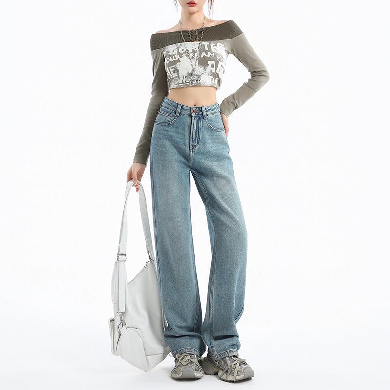 

Women s High-Waisted Wide-Leg Jeans - Autumn Style, Loose Fit, Floor-Length, Slimming, Versatile Long Pants. L