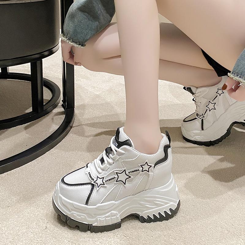11CM High Heels Autumn Chunky Sneakers for Women Platform Sports Mesh Shoes Spring Woman Lace-up Thick Bottom Dad Shoes Ladies