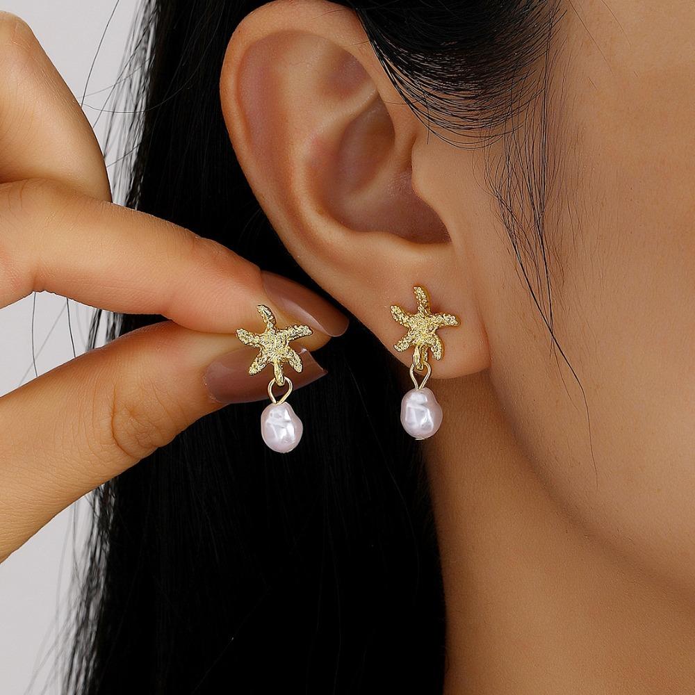 18K Gold Plated Starfish Shell Pearl Conch Stud Earrings Waterproof Ocean Vacation Style Jewelry for Women