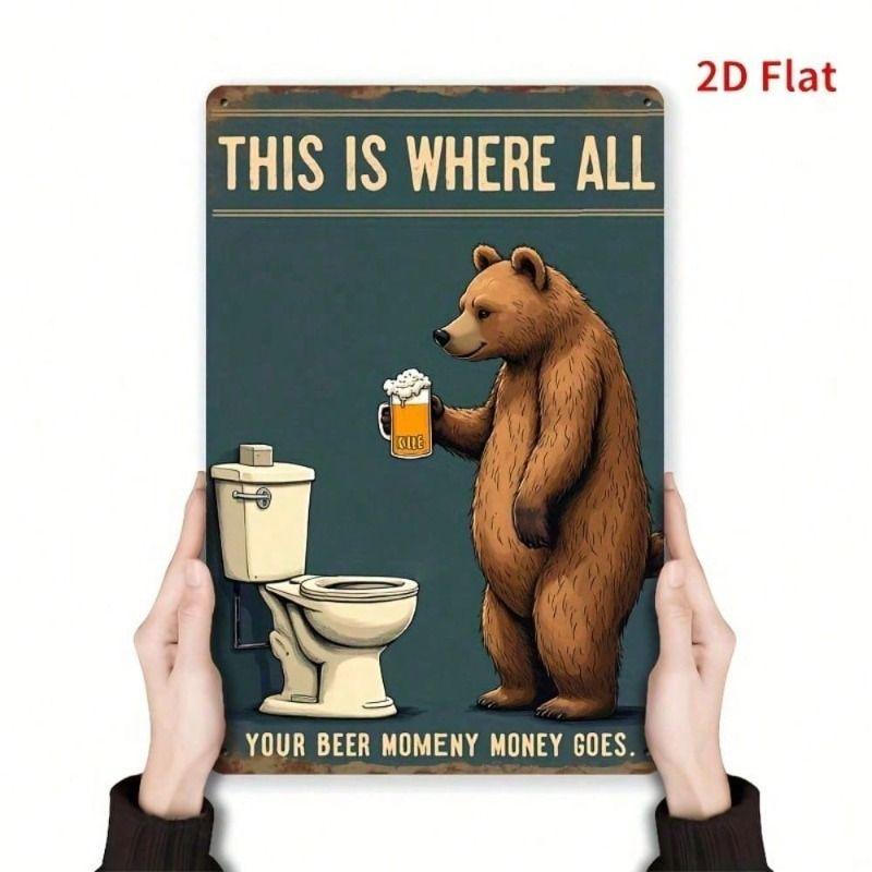 

Funny Bear Drinking Vintage Metal Wall Poster, Retro Bar Decor