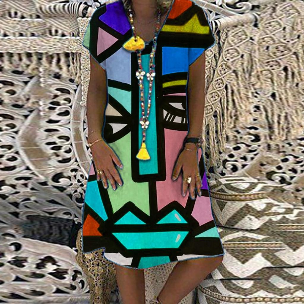 Robe ample à manches courtes pour femmes, tenue décontractée, mode imprimée, col en v, grande taille