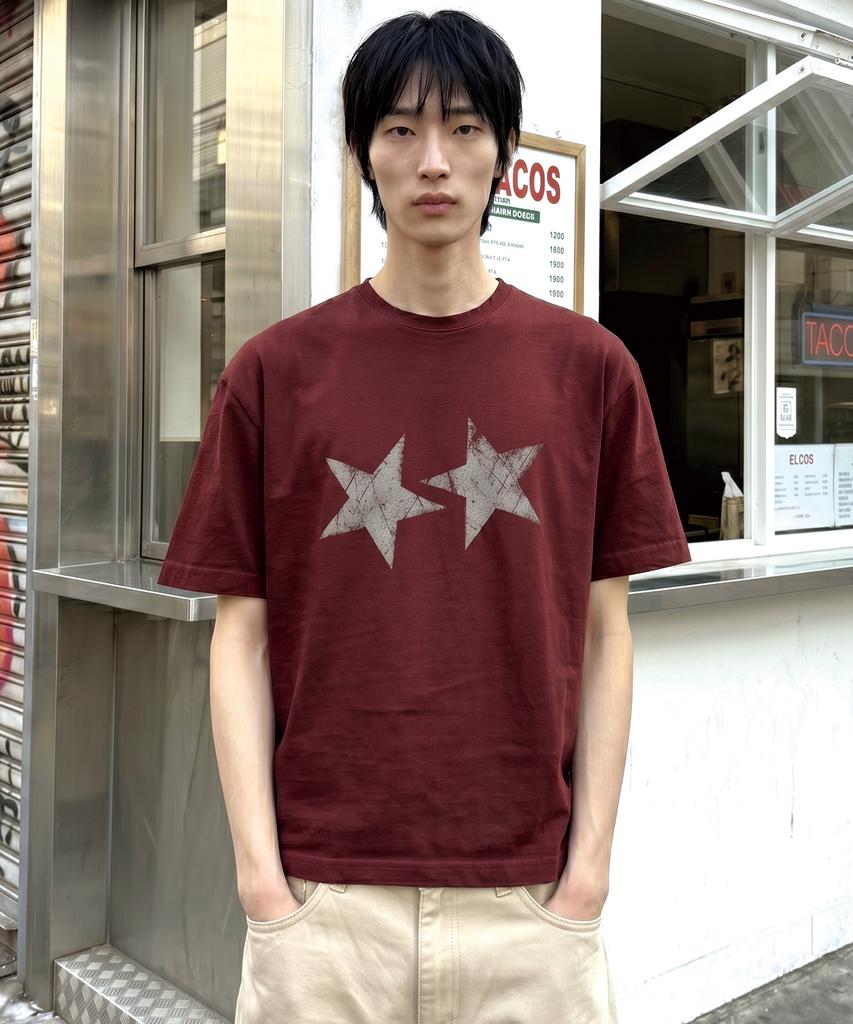 UNDEROFF Men'S Cotton Short Sleeve Crop Top Vintage Star Burgundy