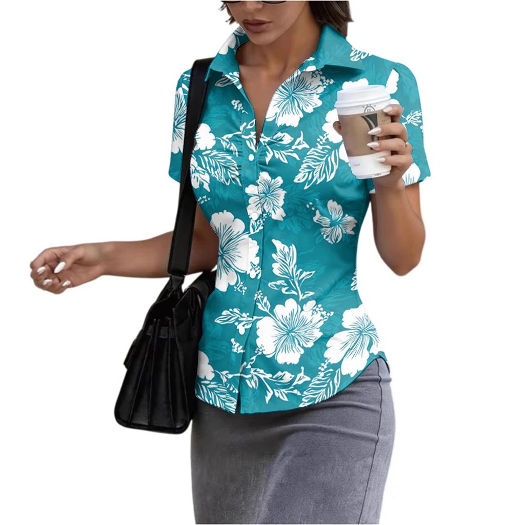 Damen Slim Fit Kurzarmhemd Button-Down Blumenprint Kragenbluse Sommer Lässig Arbeitskleidung Top