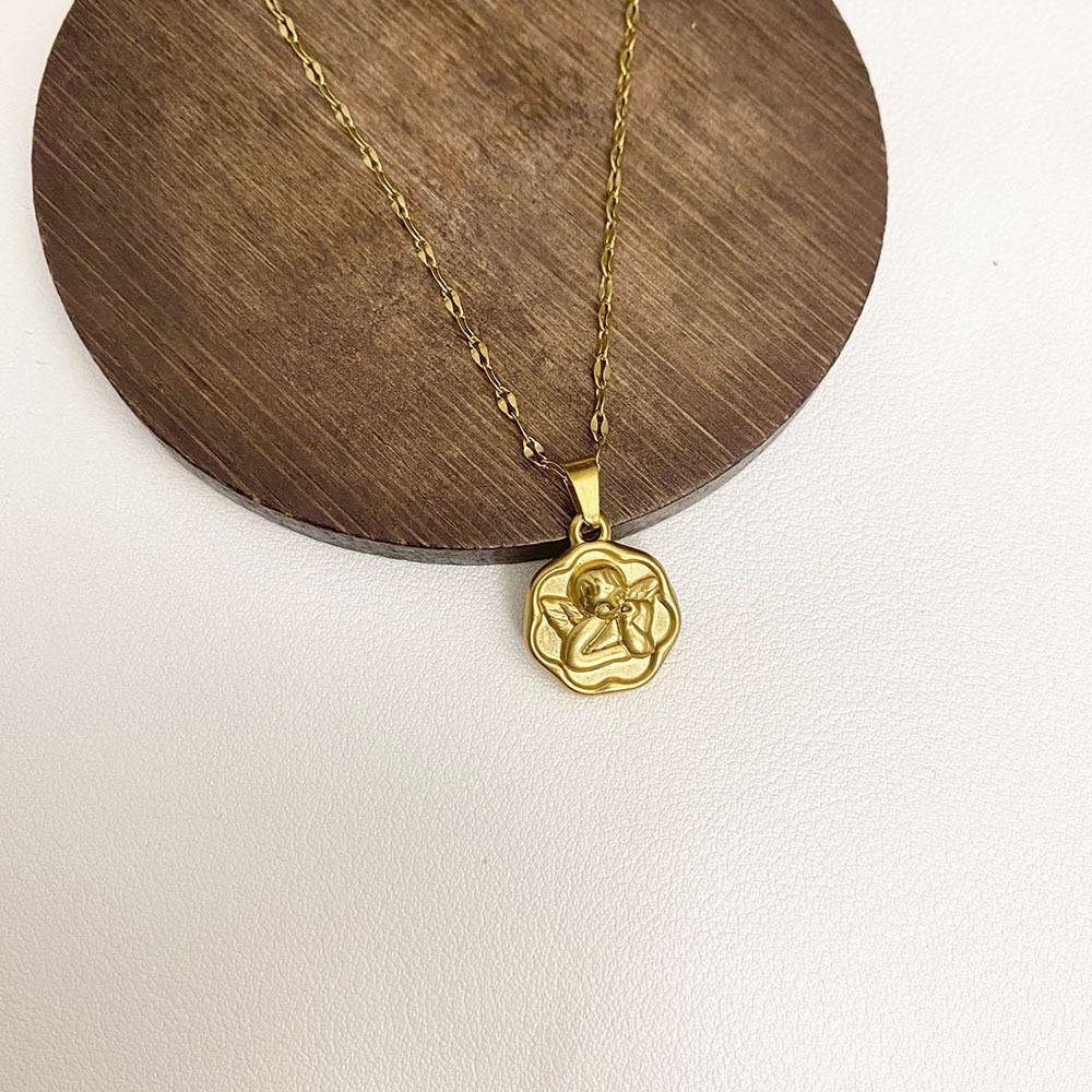 Versatile 3D Embossed Retro Coin Cupid Wings Necklace In Hexagonal Flower Design, Titanium Steel