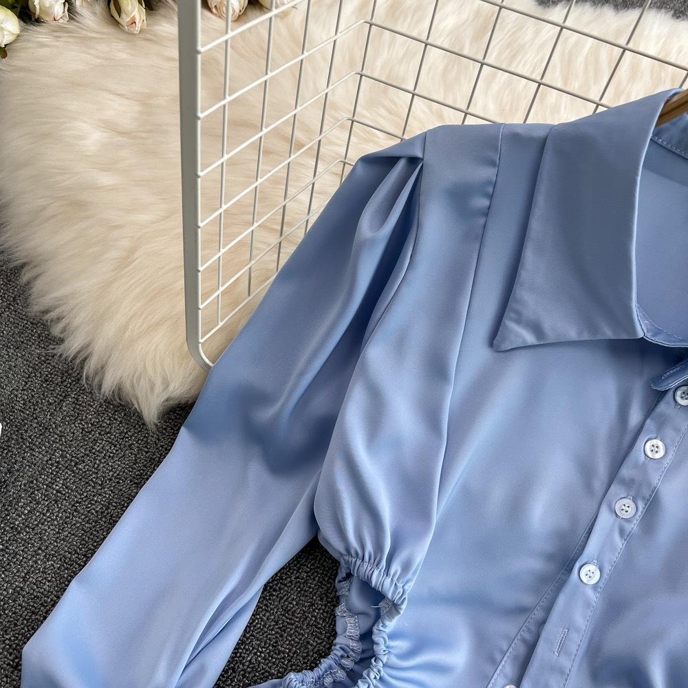 Jarní dámská plisovaná košile bez pasu s dlouhým rukávem, temperamentní krátký top