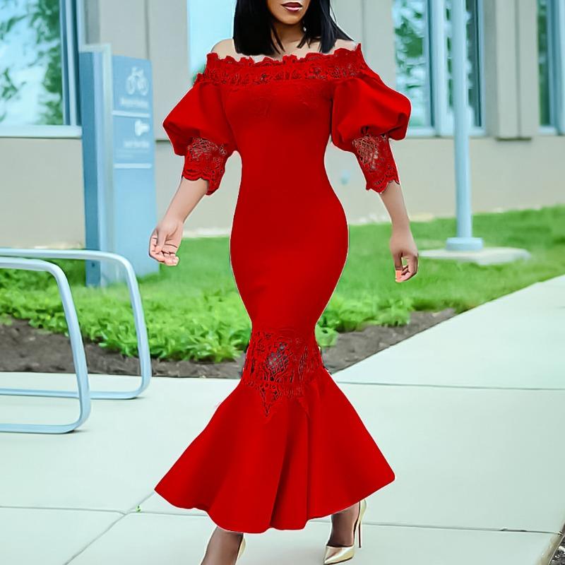 Women Off Shoulder Lantern Sleeve Solid Color Mermaid Long Bodycon Dress