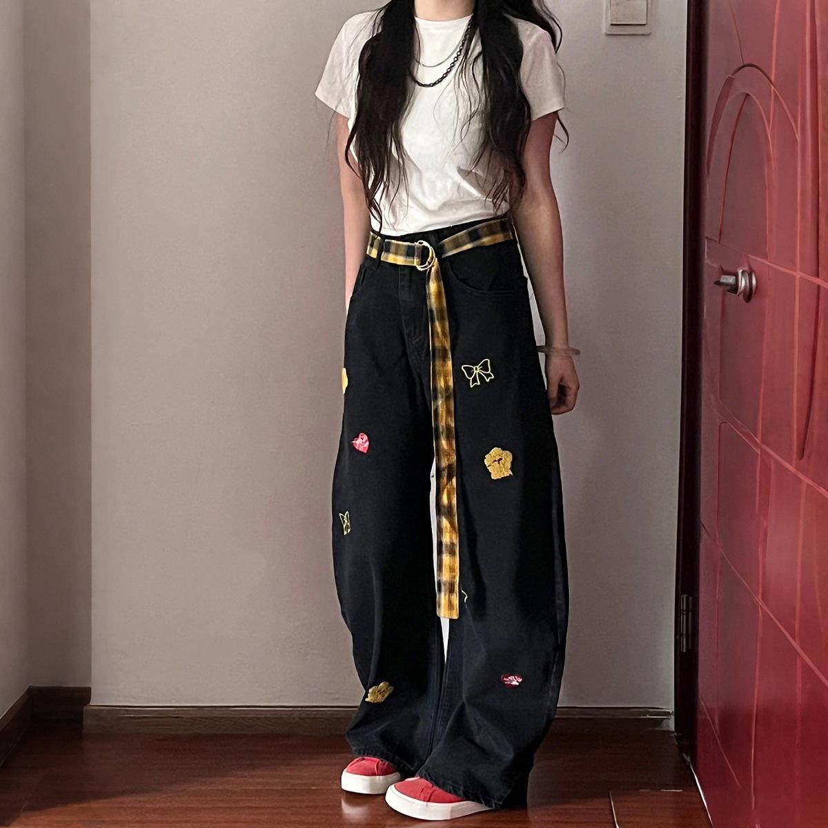 

Women s High-Waist Black Embroidered Wide-Leg Jeans - Plus Size, Slimming, Floor-Length, Trendy Autumn Style Small чёрный
