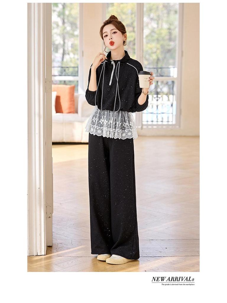 2025 Spring Fashion Lace-Trim Jacket & Wide-Leg Pants Set RX9210