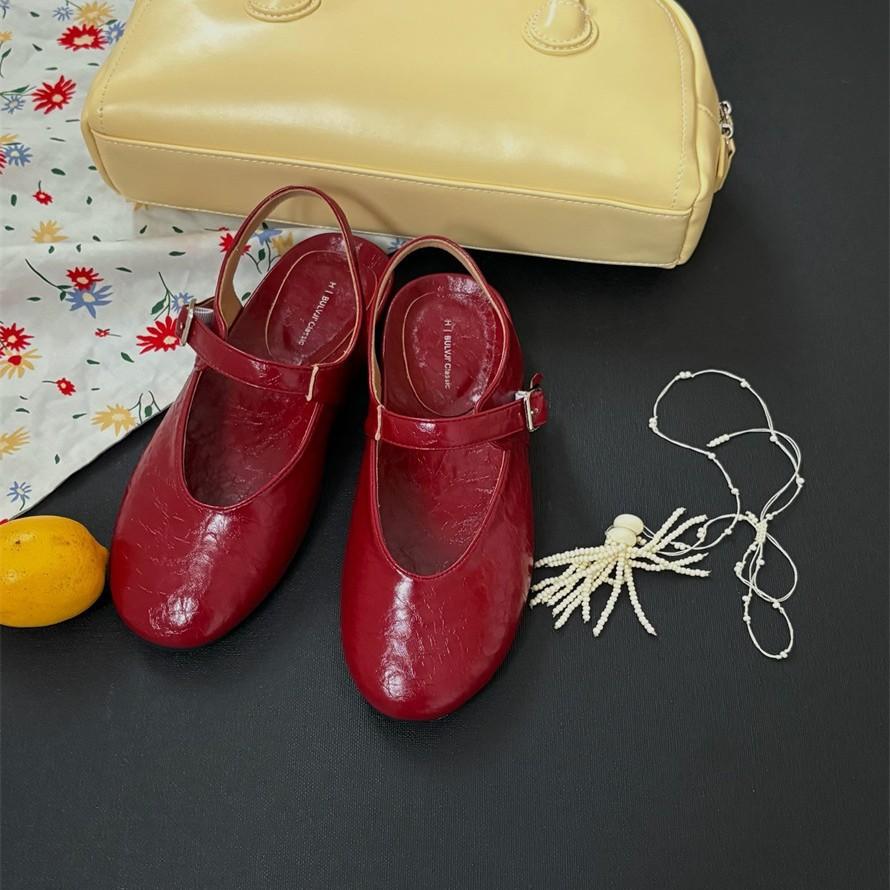 Spot~ Leather French Round Head Row Wind One-word Button Soft Sole Shallow Mouth Mary Jane Single Shoes Women's Flat Grandma Shoes
