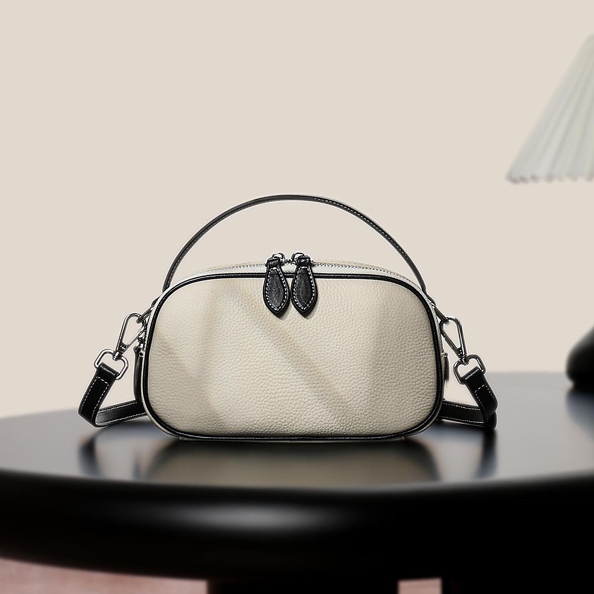 Genuine Leather Women s Bag New Fashion Small Square Bag Women s Top Layer Cowhide Handbag Single Shoulder Genuine Leather Crossbody Bag White with Black