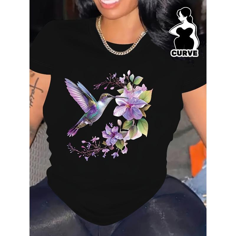 Plus Size, The Hummingbird Is Flying Around the Purple Flowers Graphic Print Plus Size Women s T-shirt, Short Sleeve Crew Neck Casual Top S чёрный