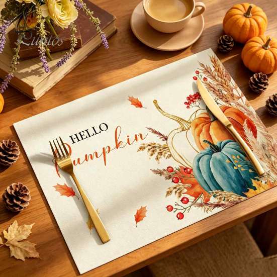 Durable Table Mats for Daily Use Pumpkin Autumn Leaves Placemat, Thanksgiving Linen Washable Heat Resistant Rustic Decorations Place Mat Dining