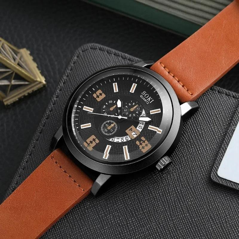 2025 Fashion Mens Sports Watches Man Business Quartz Wristwatch Luxury Brown Leather Bracelet Men Casual Clock Watch
