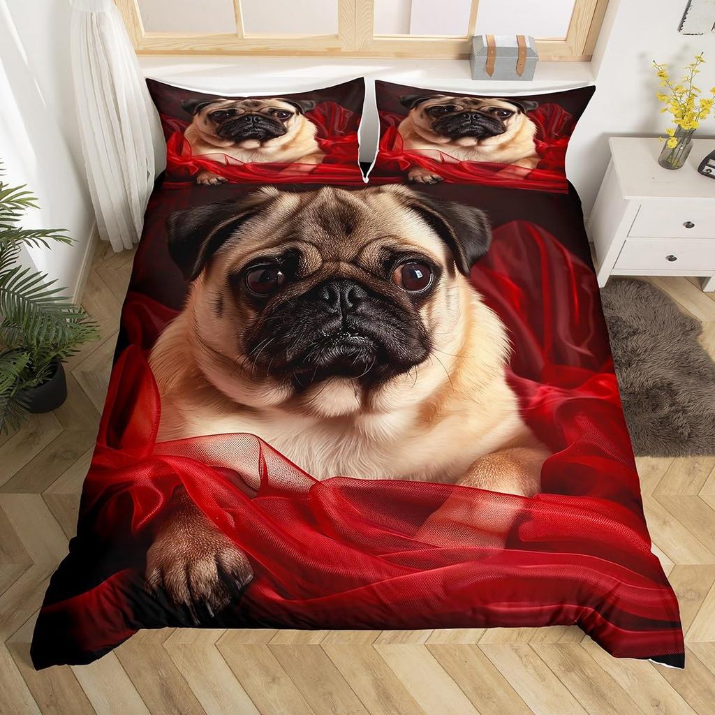 Pet Dog Duvet Cover for Kids Teen Boys Lovely Animal Theme Bedding Set Full Cute Pug Dog Print Comforter Cover with 2 Pillowcase