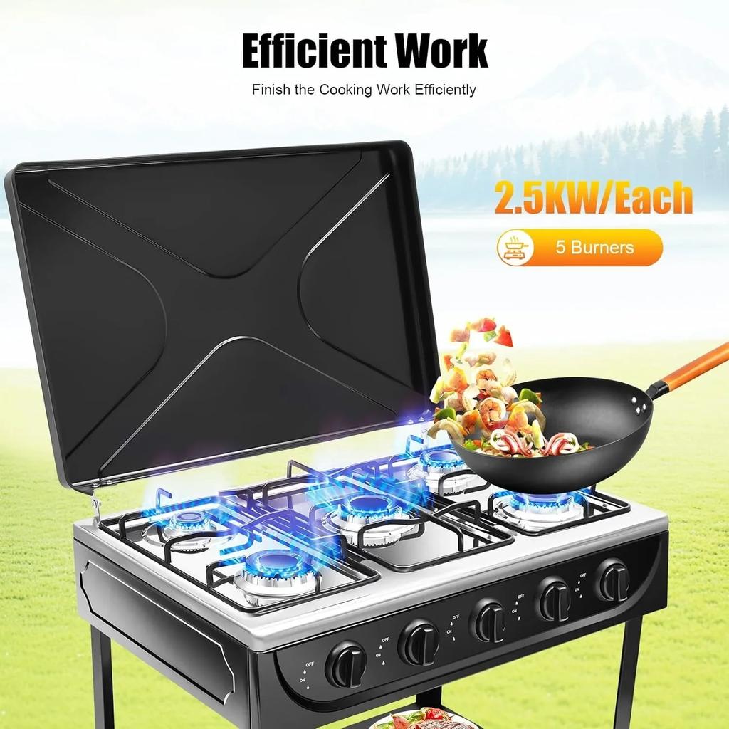 Gas Stove Portable Stove 5 Burner, with Support Leg Stand and Wind Blocking Cover Adapter Manual Ignition Camping Stove, NO Hose