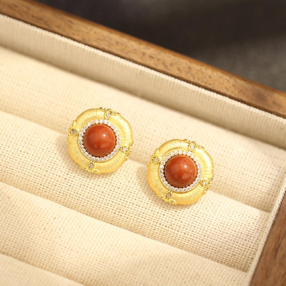 Court vintage style gold brushed craft geometric stud earrings red agate 925 silver needle diamond earrings earrings for women