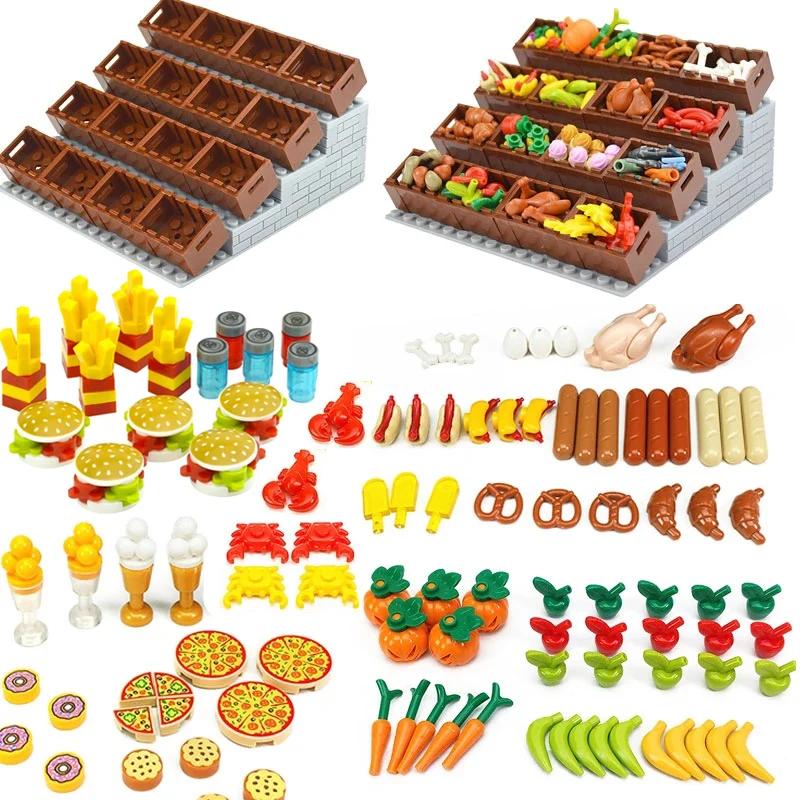 Food Brick Playset City Series Friend Accessory Parts Bread Chips Roast Chicken Pizza Hot Dog Fish Fruit Carrot Basket Classic DIY Block Bricks