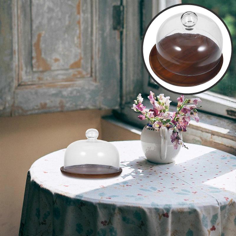 Elegant Design Wood Cake Plate With Dome For Home Users 20.30X20.30X15.50CM Food Protection 1Set