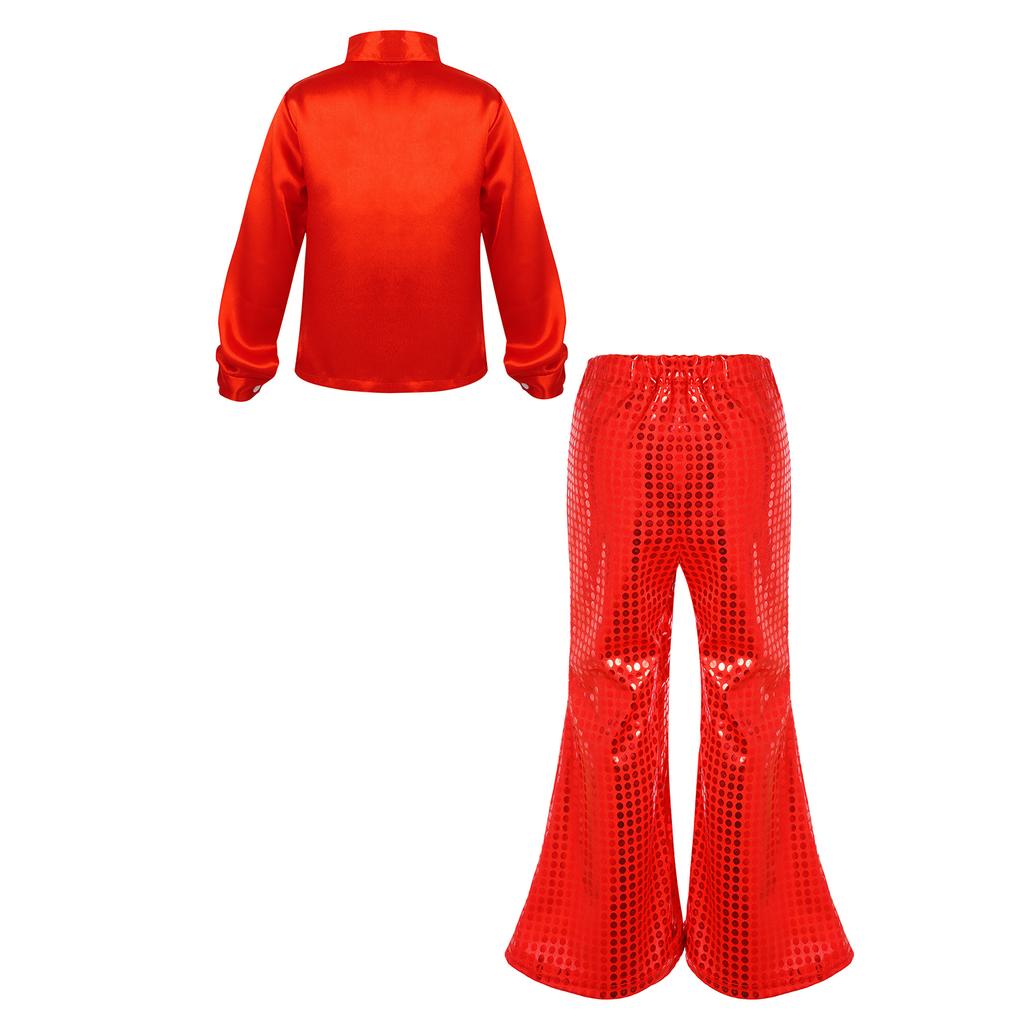 Boys Sequined Long Sleeve Spread Collar Shirt Elastic Waistband Flared Pants Jazz Outfit