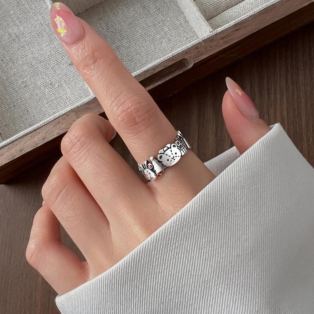 Graffiti Gingerbread Bear & Rabbit Open Ring - Women's Anime Cartoon Christmas Fashion Index Finger Accessory