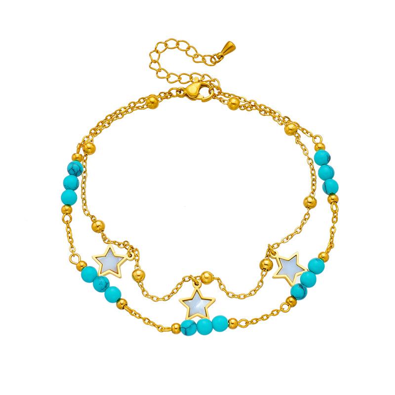 Gold Tone Double Layer Turquoise Beaded Star Charm Anklet