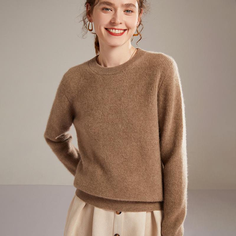 Women's 100% Pure Cashmere Rib Knit Round Neck Sweater - Solid Color Autumn/Winter Base Layer