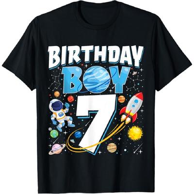 Boys 7th Birthday Astronaut Space Planets Seven Years Old T-Shirt