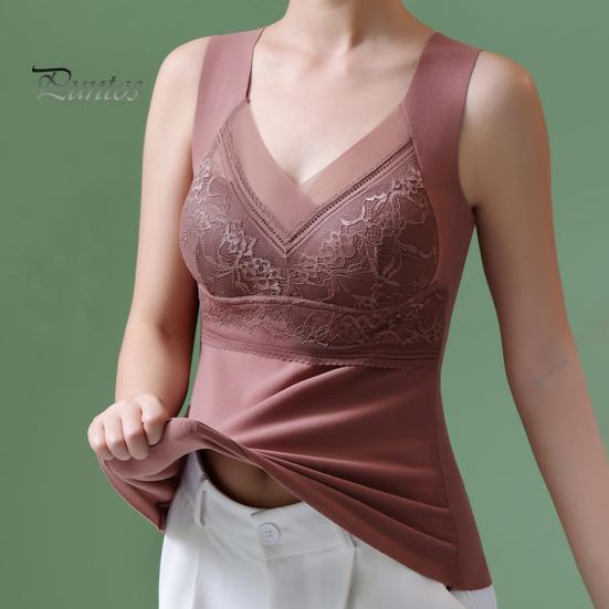 Women Thermal Vest V-Neck Sleeveless Padded Wireless Bottoming Tops Slim Fit Solid Color Temperature Locking Velvet Tank Tops