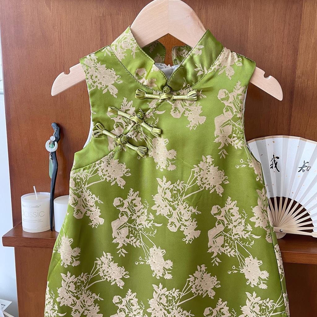 Girls Summer Chinese Floral Sleeveless Cheongsam Dress Long Hanfu Qipao Gown For Kids