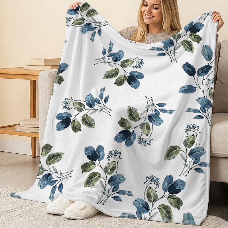 Floral Plant Flannel Throw Blanket Soft Cozy Warm Trimmed Edge, Home Sofa Cover, Halloween Christmas Decorative Blanket for Leisure Use