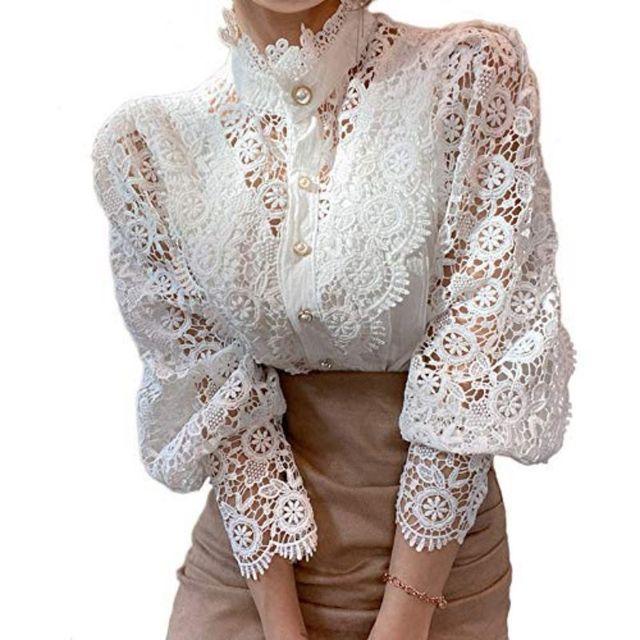 Damen Stehkragen Spitze Patchwork Blusen Lässig Ausgehöhlt Blütenblattärmel Knopfw Oberteile Weiße Blusen für Damen