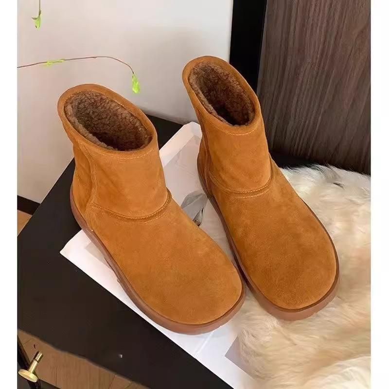 Leather Snow Boots Women's New Winter Velvet Lamb Wool Cotton Shoes Medium Tube Thick-soled Versatile Martin Boots