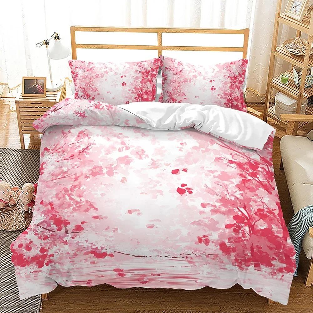 Spring Flowers King Queen Duvet Cover Pink Sakura Bedding Set Girls Cherry Blossoms Quilt Cover Floral Polyester Comforter Cover