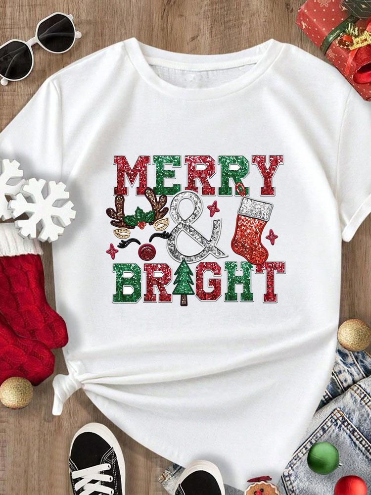 (Asian Size) Tee Merry Christmas New Year Holiday Top festival Casual tree letter style Women Print Lady Short Sleeve Fashion Graphic T-shirts