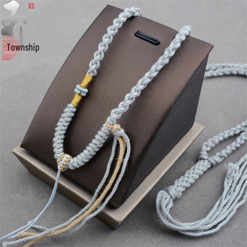 Hand-Knotted Cotton Cord Tibetan Thangka Pendant Necklace with Adjustable Jade Amber Rope. светло-серый