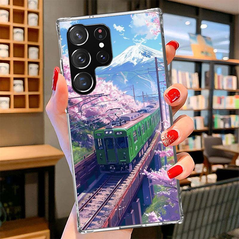 Retro Japanese Sakura Train Phone Case For Samsung Galaxy S26 S25 Edge S24 Ultra S23 S22 Plus S21 S20 FE Soft Fundas Shell Galax