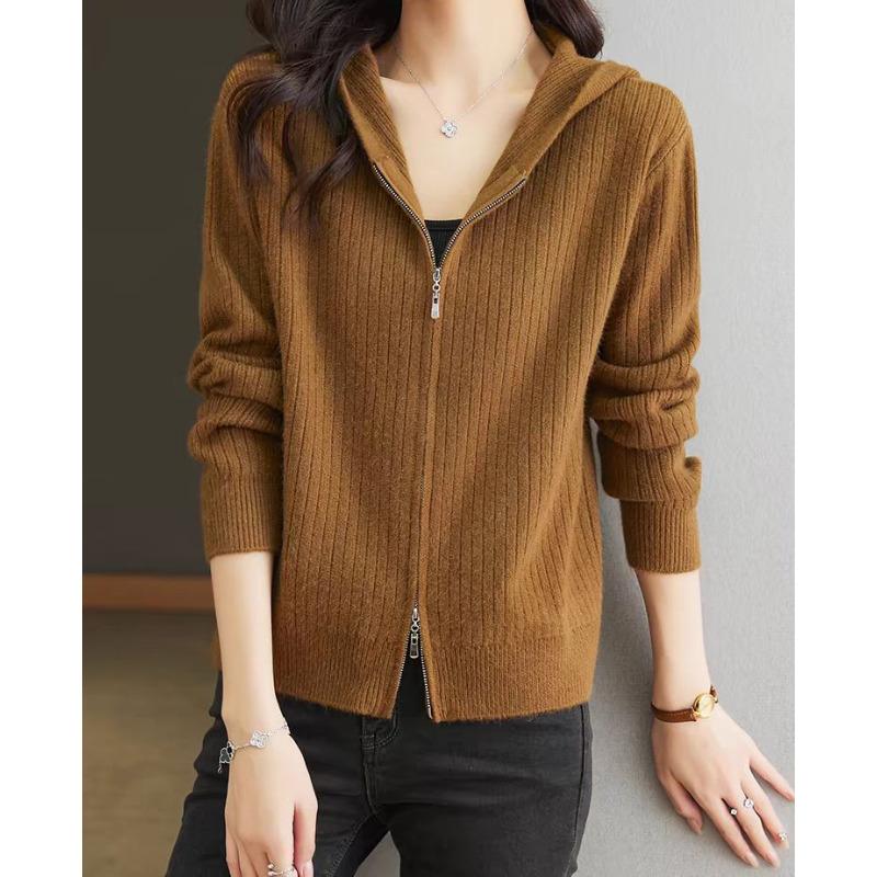 Women's Cardigan Knitted Hooded Sweater Autumn Short Top Double Zipper Sweater Jacket