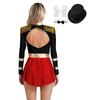 Womens Circus Ringmaster Costume Set Mock Neck Patchwork Bodysuit Complete Hat Bow Collar Gloves
