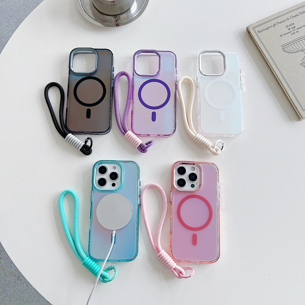 Fashion Laser Gradient Magnetic Lanyard Shockproof Case for iPhone 16 Pro Max 15 14 13 11 12 Pro Max 16Plus 16E Magsafe Cover