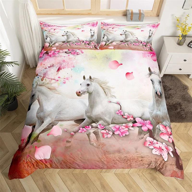 3D Pferd Bettbezug Full,Pferd Schwarzweiß Bettwäscheset für Jungen Mädchen Teenager Pferde Tiere Laufen im Schnee Bettdeckenbezug Set