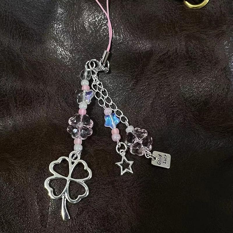 Y2K Trendy Lucky Grass Star Bear Phone Charms Sweet Four-Leaf Clover Beaded Keychain Bag Pendant Decoration For Women Girls Gift