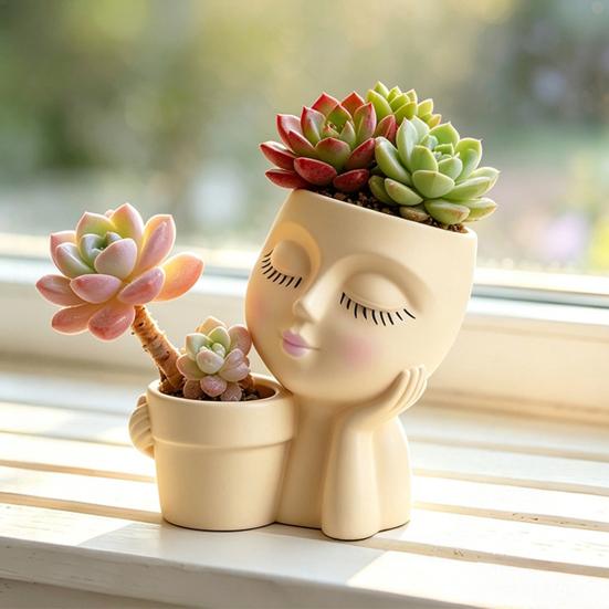 Creative Eyelash Doll Succulents Planter, Cute Sleeping Face Ceramic Pot with Double Holes, Kawaii Desktop Decor for Office Desk, Indoor Small Plant