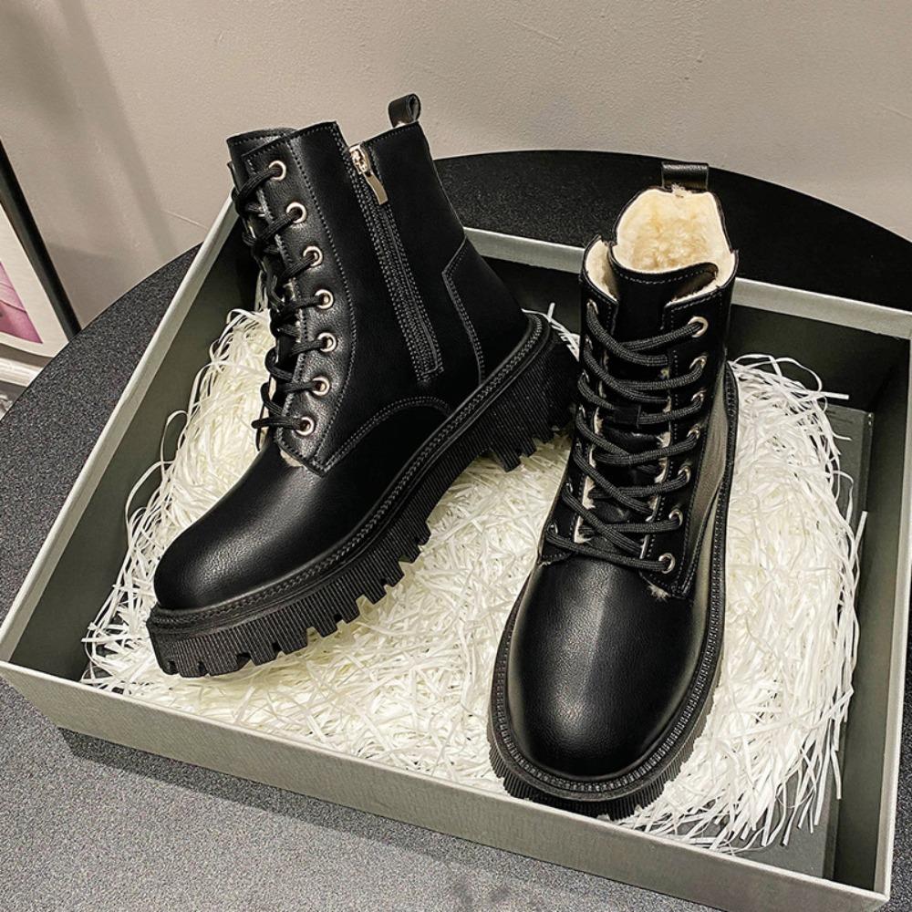 Women's Boots 2025 Autumn/Winter New British Style Plush Fashion Thick Bottom Motorcycle Boots Lace Comfort Zipper Snow Boots