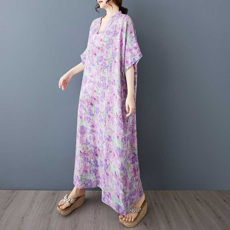 Summer Floral Vacation Style Travel V-neck Retro Long Dress To Hide The Flesh Cotton and Linen Dress