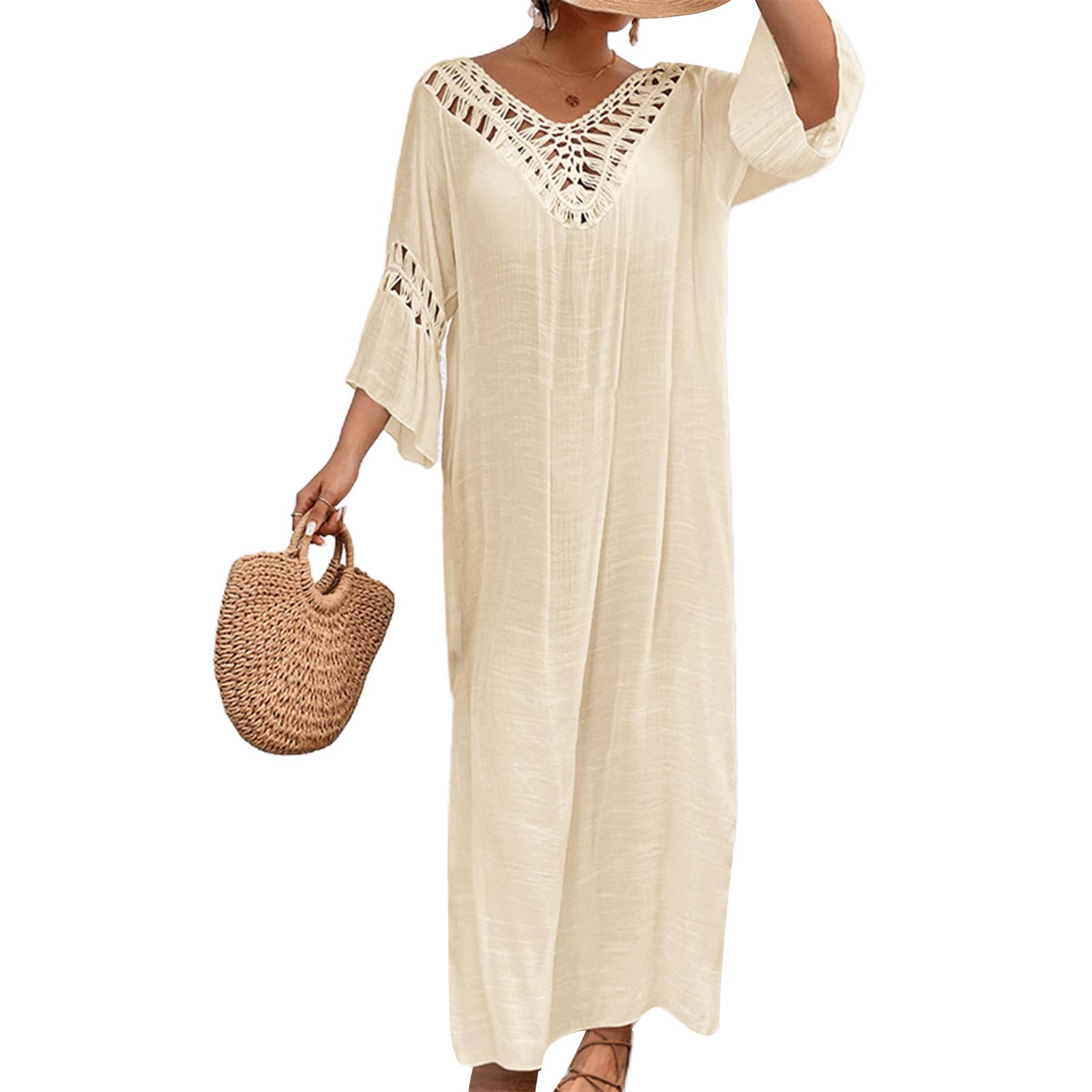 

Womens Beach Dress Summer Hollow Out Swim Sundress Beach Cover Up Swimsuit Cover Up Sexy Side Split Dress for Beachwears абрикосовый