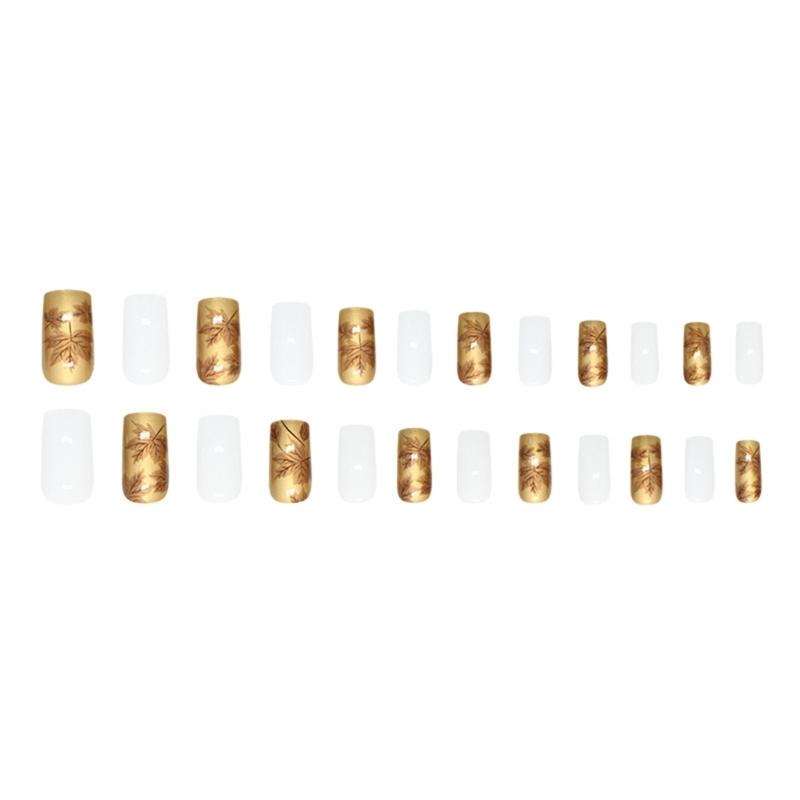 Élégant Ongle Press-On d'Automne 24 Pièces Blanc et Doré Brillant Forme Carrée Moyenne Couverture Complète avec Motif Feuilles d'Érable