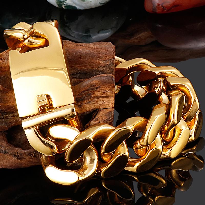 Polished Stainless Steel Hand Accessories 20MM Wide Iron Cuban Chain Men's Wrist Bracelet Luxury Never Fade Gold Color Men‘s Jewellery Boy