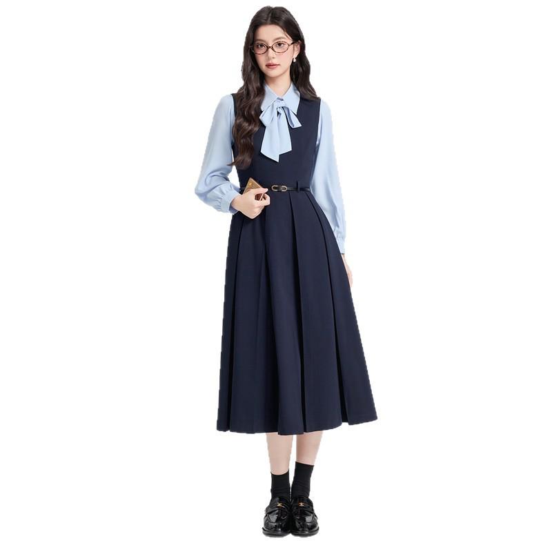 Women's Blue Vest Dress - Spring/Autumn College & Teacher Interview Outfit, Academy Style, Professional Commuting Skirt