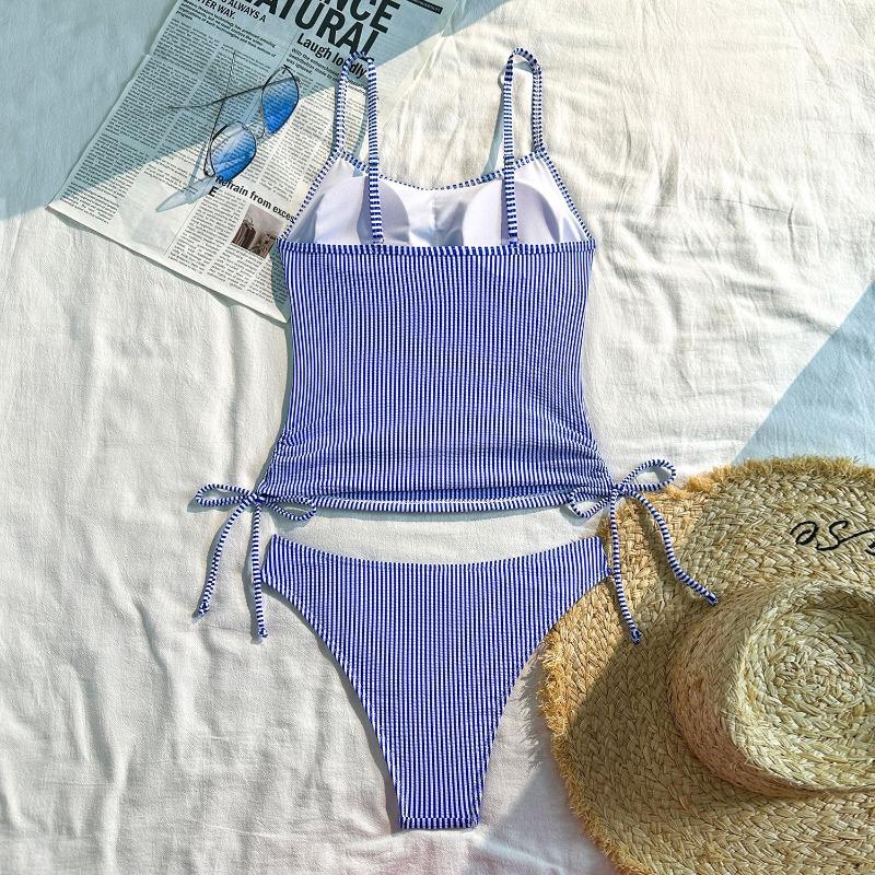 Women Sexy Striped Drawstring Backless Slimming One Piece Swimsuit