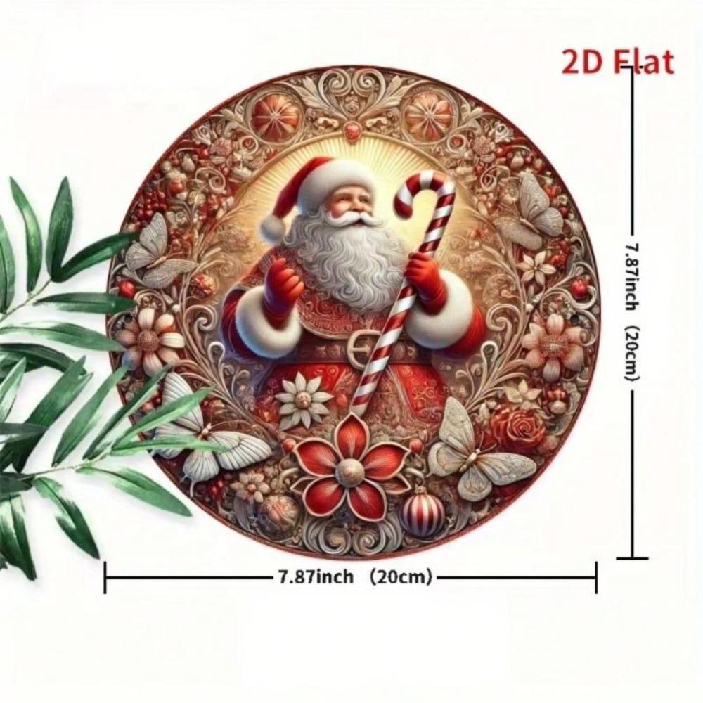Christmas Santa Candy Cane 2D Metal Wall Art Round Tin Sign Decor